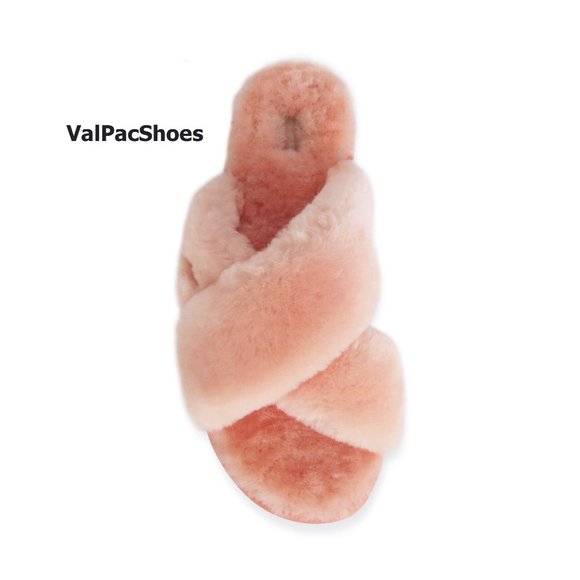 UGG Fuzzette Beverly Pink Criss Cross Strap Womens Fur Slippers - Picture 4 of 6